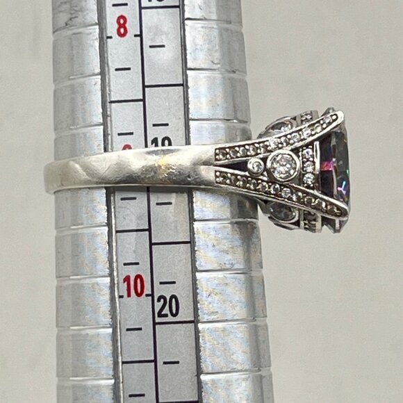 Sterling Silver Mystic Topaz Ring Sz 9 Rainbow 12mm Stone CZ Accents Art Deco - Picture 9 of 13
